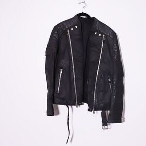 Balmain Men's Waxed Cotton Quilted Double Zipper Moto Jacket Coat Black XL